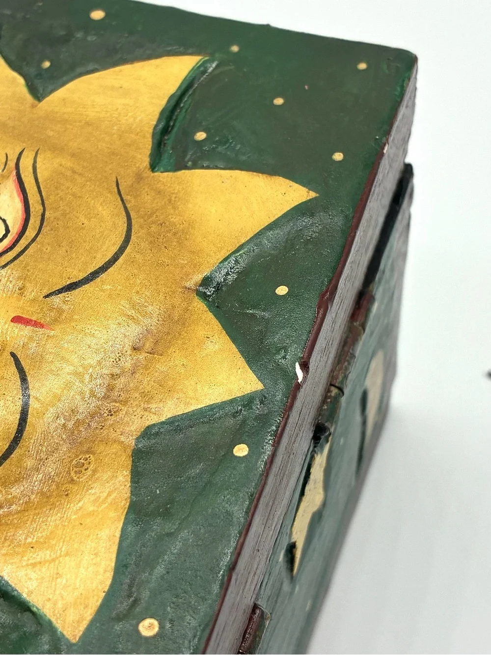 Vintage Folk Art Celestial Sun Moon Yin Yang Wooden Trinket Box